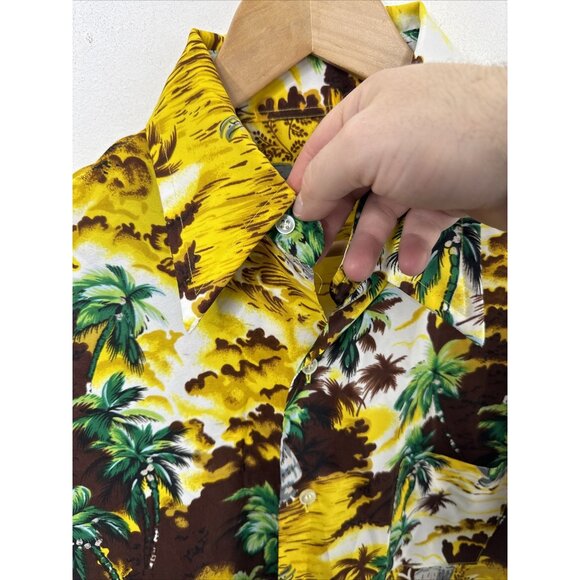 Vintage 70s Woolcrest Men L Disco Hawaiian Shirt Yellow Hipster - Picture 6 of 7